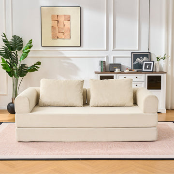 Clihome Loveseat Sofa Convertible Sleeper Sofa Bed with Pillow, Beige Mattress Couch