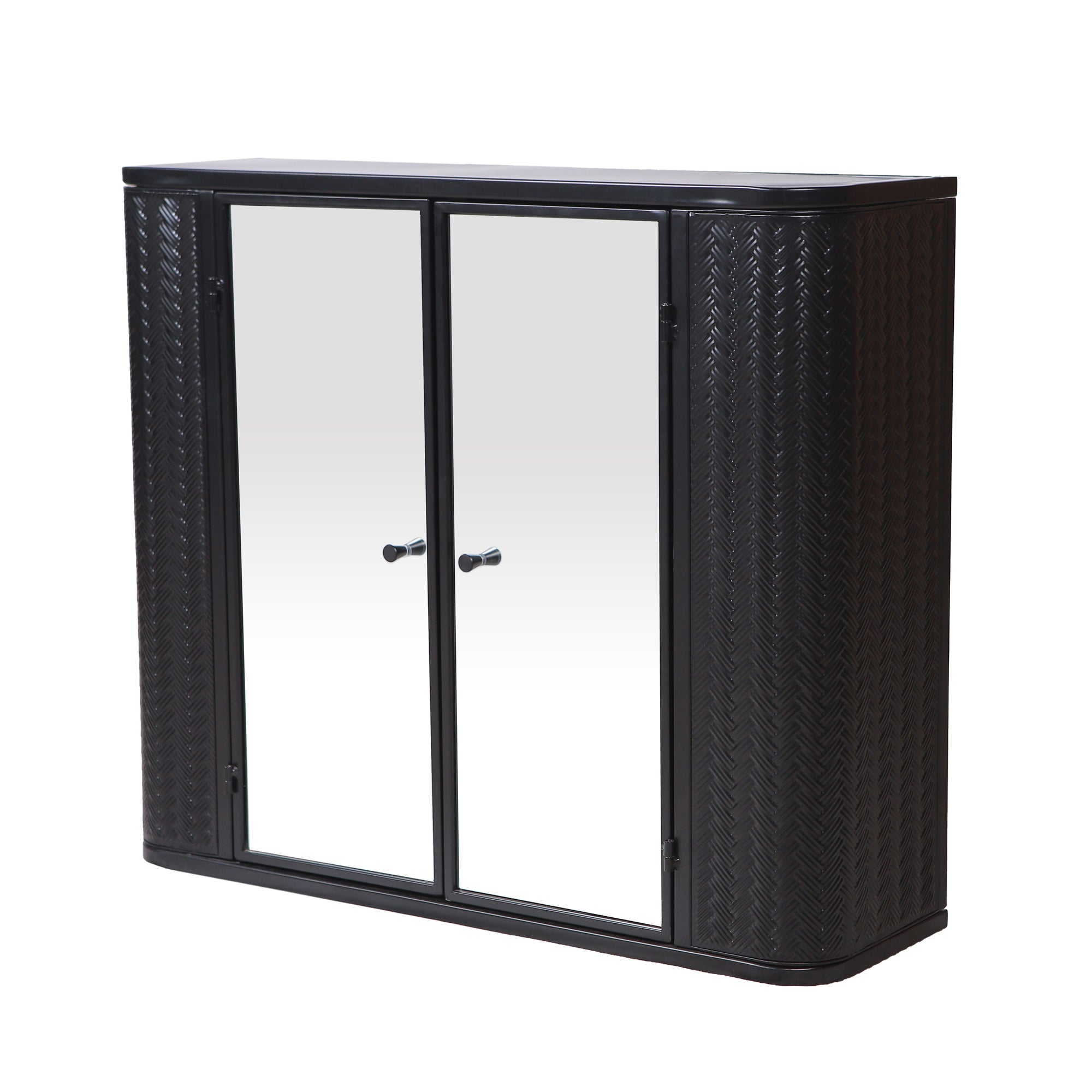 Black Wall-Mounted Bathroom Cabinet with Mirror, 2 Mirrored Doors & Open Shelf, Farmhouse Metal Frame Storage Cabinet with Open Compartment for Vanity, Toilet & Over-the-Sink