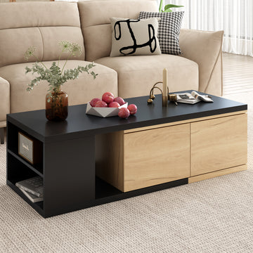 47.2''-57''W Extendable Coffee Table with 2 Storage Drawers, Dual-tone Wood Center Table with Extendable Sliding Tabletop, Multi-functional Hidden Storage Sofa Table for Living Room, Black/White