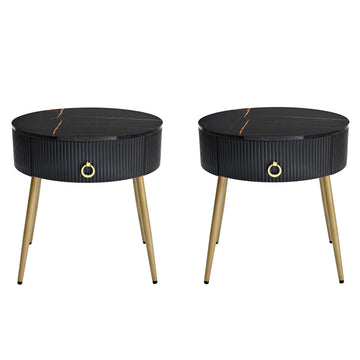 Clihome ¦µ19.6'' Easy Assembly End Tables with High Gloss Faux Marble Tabletops, Set of 2, Modern Fluted 2 Side Tables with Drawers, Round Coffee Tables with Golden Legs for Living Room, Black