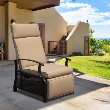 Adjustable Patio Recliner Chair Metal Outdoor Lounge Chair with Flip Table Push Back, Adjustable Angle, 6.8'' Removable Cushions, Support 350lbs, Beige/Gray/Navy Blue