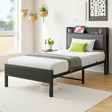 Twin/Full/Queen Size Bed Frame, Storage Headboard with Charging Station, Solid and Stable, No Box Spring Needed, Easy Assembly