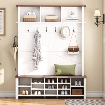 ON-TREND Farmhouse 4-in-1 Hall Tree with 6 Hooks, Practical Walnut Entryway Bench with Adjustable Shelves, Wooden Style Rustic Shoe Organizer with 16 Open Compartments for Mudroom, Living Room, White/Black