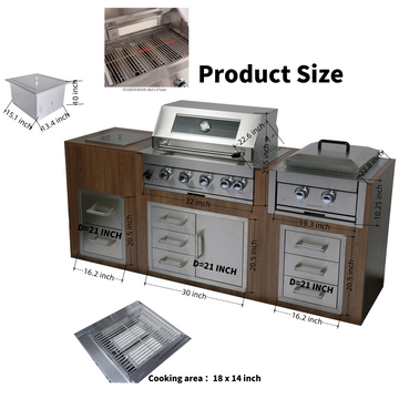 Built-in Outdoor Kitchen 32 inch LPG Gas Grill 60000 BTU Stainless Steel Four burners Grill with Infrared Rear Bunrer and Door and Drawer Combo and Drop in Stainless Steel ICE BOX with BBQ Tool Set