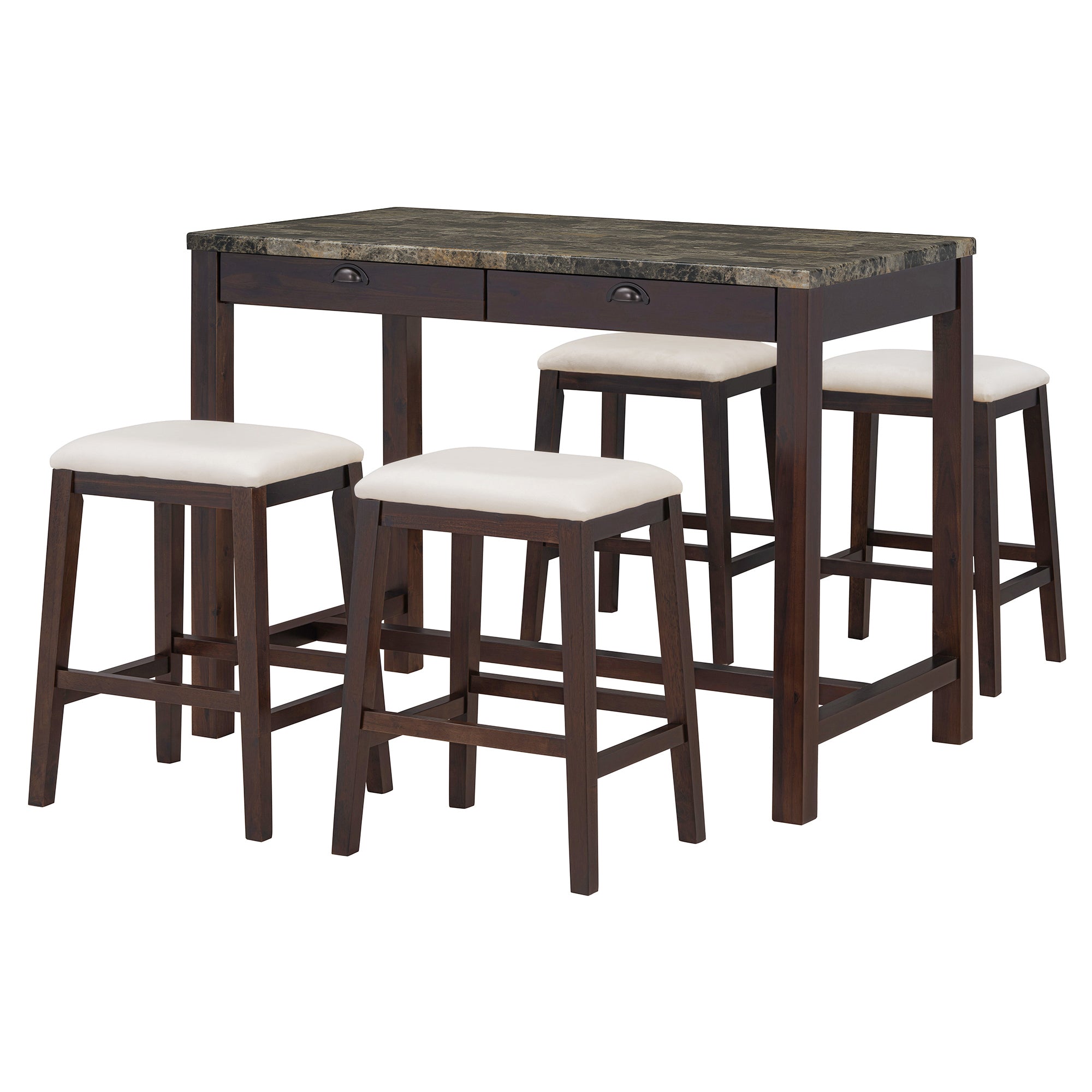 5-Piece  Dining Table Set for 4, Counter Height Modern Kitchen Table and Chairs Set of 4 with Storage Drawers, Marble Dining Table with 4 Upholstered Chairs for Small Space (Walnut)