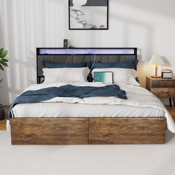 Full Bed Frame with Storage, Ergonomic Headboard, Bed Frame with 2 Storage Drawers, Built in Charging Station & LED, Outlets & USB, Full Size, Noise Free, No Box Spring Needed, Rustic Brown