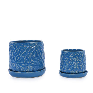 Handmade Ceramic Planter Set of 2, 6" & 8" Diameter, Deep Blue with Leaf Pattern, for Succulents & Herbs Indoor,Outdoor Shelf