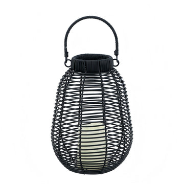 7.9x7.9x10.6''-Black-Poly-Rattan-Lantern-With-White-LED-Candle