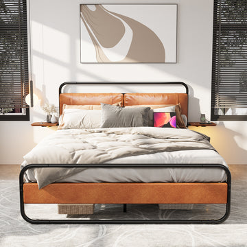 Queen/King Size Metal Bed Frame with Upholstered Headboard, with wireless charging and USB A & USB C, Touch LED light,Oval-Shaped Platform Bed with Under-Bed Storage, No Box Spring Needed, Vintage Brown