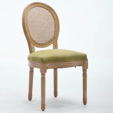 French Style Solid Wood Frame Antique Painting Linen Fabric Rattan Back Dining Chair,Set of 2
