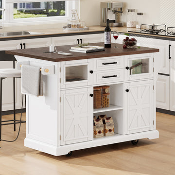 Kitchen Island with Double Cross Barn Doors, Rolling Kitchen Cart, White