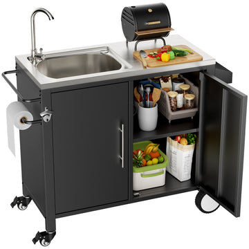 Outdoor Grill Table with Sink, Grill Cart with 304 Stainless Steel Sink and Cabinet, Outdoor Grill Cart,Outdoor Cart Sink Station with Wheels, L38