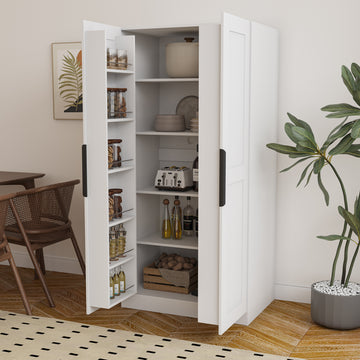62.99in Kitchen Pantry Cabinet, Walnut/White/Walnut + Particle Board Freestanding Buffet Cupboards Sideboard with Doors & Shelves, Kitchen Pantry Storage Cabinet for Kitchen, Living Room and Dinning Room