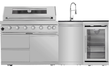 44-Inch 6-Burner 85000 BTU Deluxe Stainless Steel Gas Outdoor Kitchen Bar Barbecue Island Grill + Wine Cooler Compact Refrigerator + Rotisserie + Granite Countertops + Storage Cabinets & Drawers