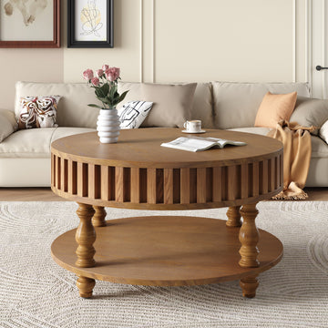 Fluted Flip-Top Coffee Table with Hidden Storage, Living Room Center Table with Solid Wood Legs