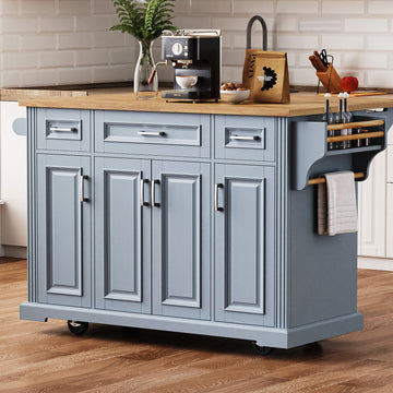 Kitchen Island with Adjustable Shelf, Lockable Wheels Mobile Rolling Kitchen Cart, Grey Blue