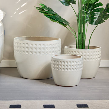 Handmade Ceramic Planter Set of 3, 15/12/9 Inch Diameter,White Diamond Pattern,for Indoor & Outdoor Use, Breathable Clay