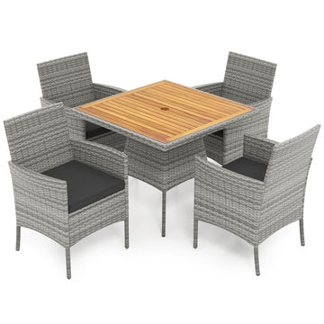 Clihome 5-Piece PE Wicker Patio Dining Set Acacia Wood Table with Umbrella Hole