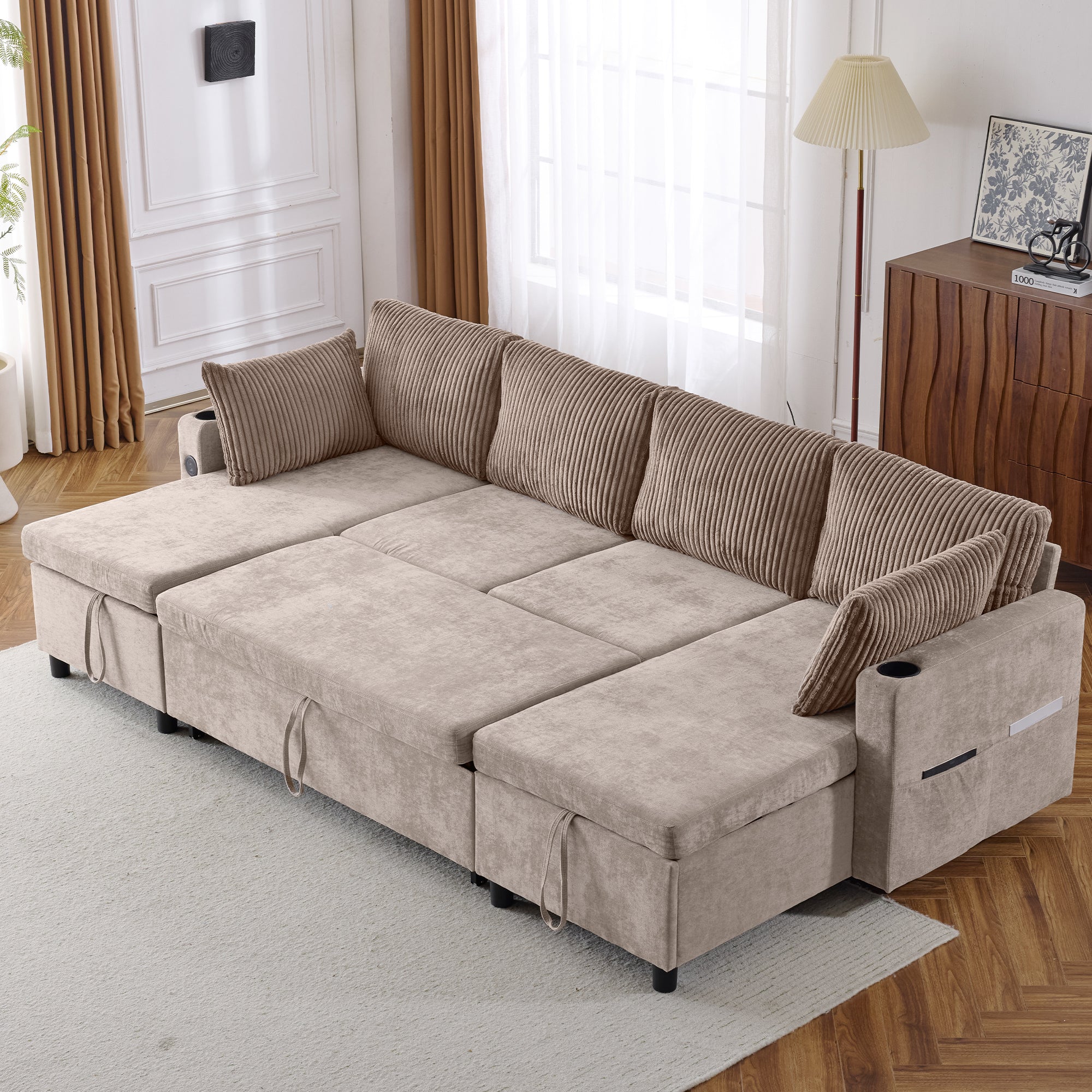 111.8" Sectional Sofa Pull-out Sofa Bed Versatile Sofa Sleeper with Large Storage Space, Two USB Ports and Two Cup Holders for Living Room, Brown/Grey/Beige