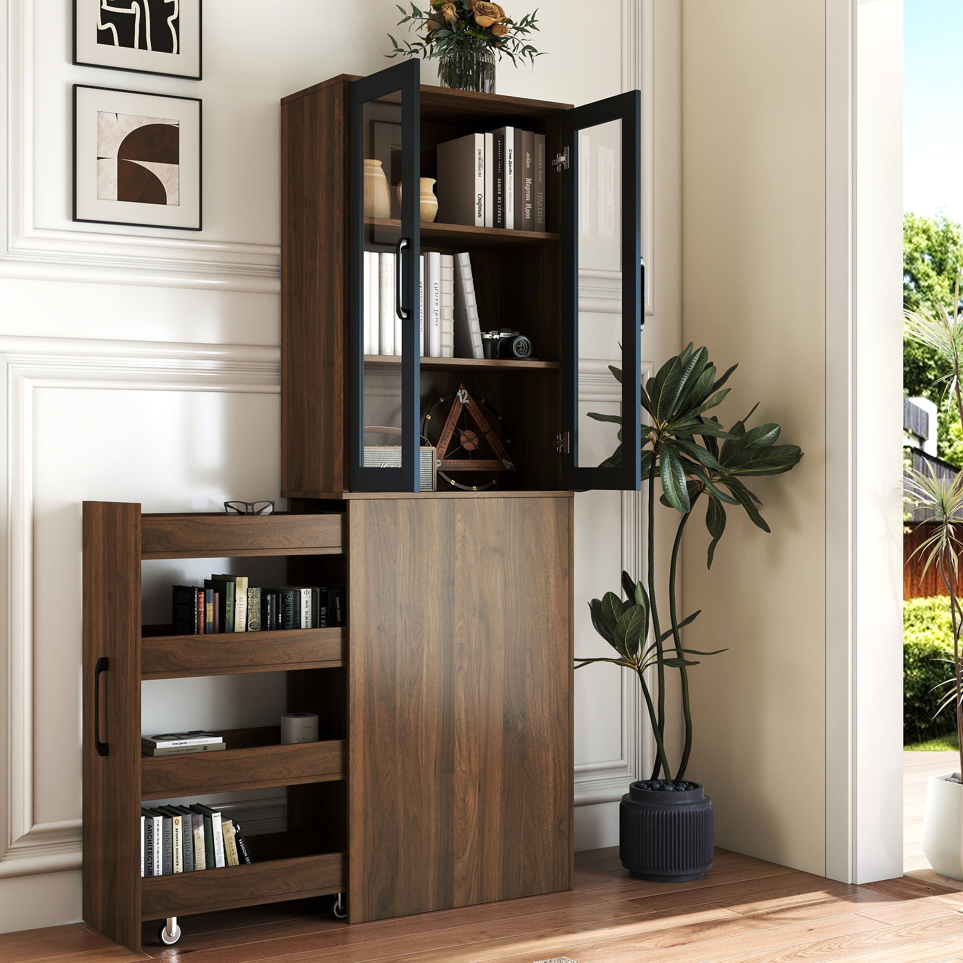 70.87" H Display Storage Cabinet , 4 Tier multi-functional pull-out multi-tier storage shelf & 2 Glass Doors, Modern Wooden Tall Bookshelf Bookcase for Living Room Home Office