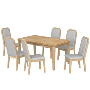 7-Piece Farmhouse Dining Set Classic Rustic Table and 6 high-back design Chairs for Dining Room, Kitchen (Natural Wood Wash)