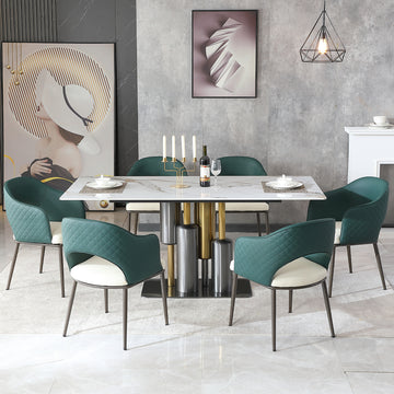 Modern Dining Table , White Dining Table Sintered Stone Dining Table Top with stainless steel base, 71 inch Modern Luxury White Rectangular Dining Table(6 chairs)