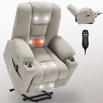Power Lift Recliner Chair with Massage and Heat for Elderly, Overstuffed Wide Recliners, Heavy Duty Motion Mechanism with USB and Type C Ports, 2 Steel Cup Holders, Beige/Blue/Brown/Grey