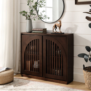 Modern Fluted Sideboard Cabinet with 2 Outlet Holes, Narrow Side Cabinet Kitchen Coffee Bar, Dark Walnut