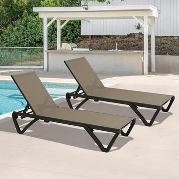 2 Pcs Outdoor Lounge Chair, Aluminum Plastic Patio Chaise Lounge with 5 Position Adjustable Backrest and Wheels, Khaki