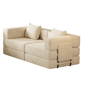 72.4" Convertible Sofa Bed, Premium Corduroy Sleeper Sofa with Side Storage Pockets, Beige