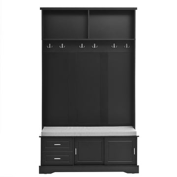 Clihome Elegant Hall Tree with Sliding Doors, Versatile Coat Rack with 6 Silvery Hooks & Handles, Mudroom Bench Cabinet with Shoe Storage & 44.4