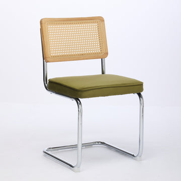 Mid Century Modern Dining Chairs Set of 2, Velvet Accent Chairs with Natural Cane Back & Stainless Chrome Base, Famous Breuer Designed Chairs, Upholstered Rattan Kitchen Chairs,Beige/Olive-Green/Gold