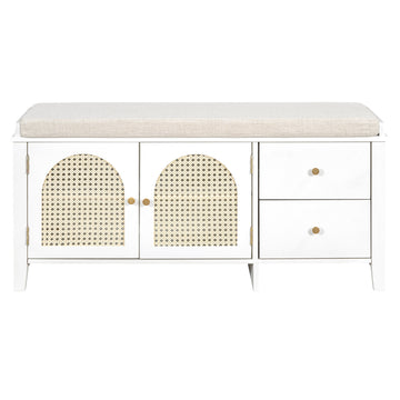 Clihome Shoe Storage Bench, Vintage Shoe Bench with Storage and Cushion, Shoe Bench with 2 Drawers and 2 Rattan Door for Entryway, Bedroom, Living Room, White
