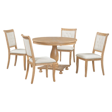 5-Piece Retro Dining Set, Round Table with Pedestal Table Base and 4 Upholstered Chairs for Dining Room and Kitchen (Natural Wood Wash)
