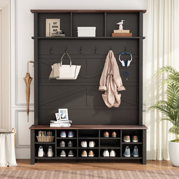 ON-TREND Farmhouse 4-in-1 Hall Tree with 6 Hooks, Practical Walnut Entryway Bench with Adjustable Shelves, Wooden Style Rustic Shoe Organizer with 16 Open Compartments for Mudroom, Living Room, White/Black