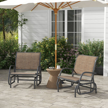 Porch Glider Set of 2, Metal Swing Glider Chairs with Mesh Fabric, Curved Armrests and Steel Frame, Brown