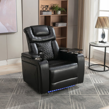 270 Degree Swivel PU Leather Power Recliner Individual Seat Home Theater Recliner with Tray Table,Hidden Arm Storage for Living Room,Black