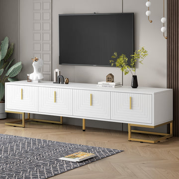 TV Stand with Metal Legs and Gold Handles for TVs Up to 80'', Media Console Table with Cabinets and Adjustable Shelves, Luxury TV Cabinet with Geometric Lines for Living Room, White