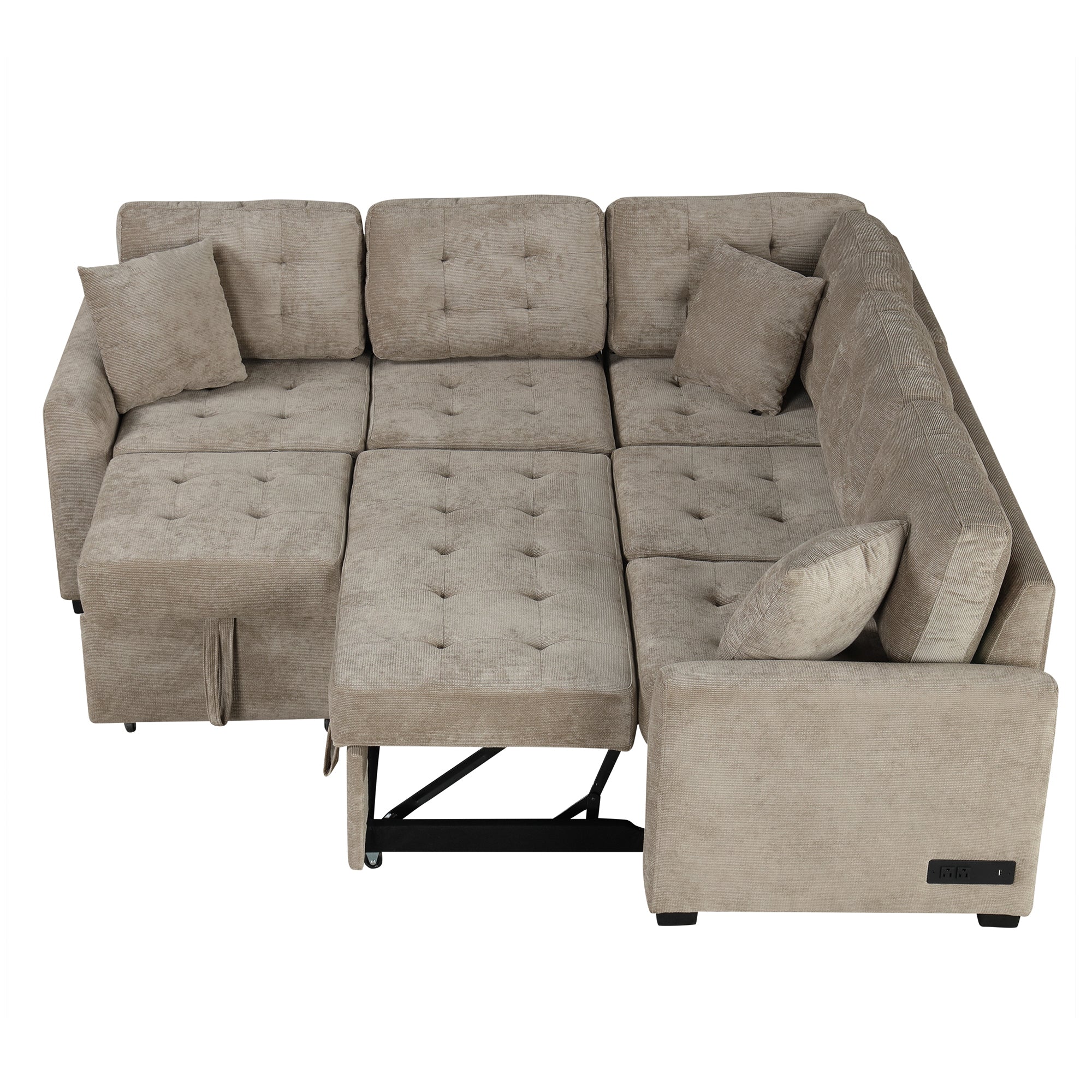 82.6" L-shape Sofa Bed Pull-out Sleeper Sofa with Wheels, USB Ports, Power Sockets for Living Room, Khaki