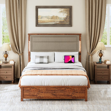 Queen Size Bed Frame with Upholstered Headboard, Queen Bed Frame with Charging Station and LED Lights, Wood Slats, Dark Gray Linen, No Box Spring Needed, Easy Assembly