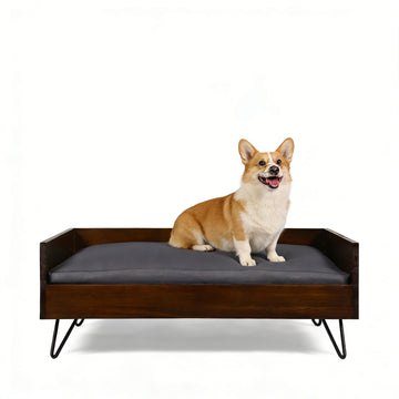 Mid-Century Modern Dog Bed with Acacia Wood Frame & Water-Resistant Cushion
