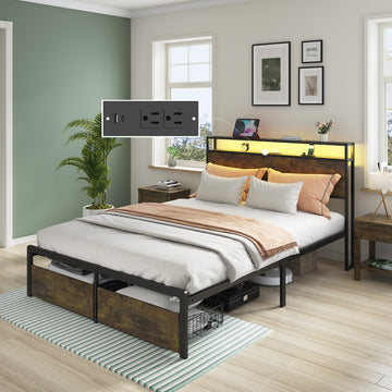 Full Bed Frame with LED Lights and Charging Station - Robust Metal Wood Construction, Rustic Wood Platform Bed Frame with 2 Drawers, No Box Spring Needed, Noise Free, Vintage Brown, Easy Assemble