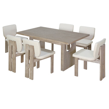 7-Piece Retro Dining Set, 1 Rectangular Table with Designed Trestle Base and 6 Upholstered Chairs for Dining Room and Kitchen (Natural Wood Wash)