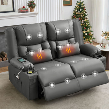 Recliner Loveseat with Massage and Heating for Living Room,Love Seat Manual Oversized Recliner with Cup Holders,Side Pocket for Adult,GREY