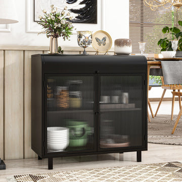 Modern Sideboard Buffet Cabinet with Tempered Figured Glass Doors, Flip Top, Inner Shelves, Metal Frame Storage Console for Dining Room, Kitchen, Living Room & Entryway (Black)