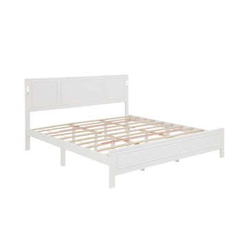 King Size Bed with Tall-Panel Headboard and Footboard, Built-in LED Lights, USB Charging Station