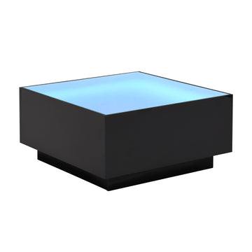 Clihome Square High Glossy Coffee Table with 16-color LED Strip Lights, Modern Center Table with 5mm Frosted Tempered Glass Top for Living Room, Black, 27.5*27.5in