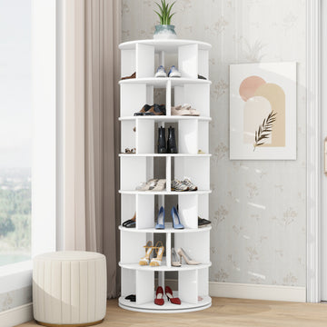 Rotating Shoe Rack Tower, 7-Tier Spinning Shoe Shelf with 5 Grids Per Layer, Display Rack, 360° Revolving Shoe Carousel Closet Organizer for Entryway, Living Room, White