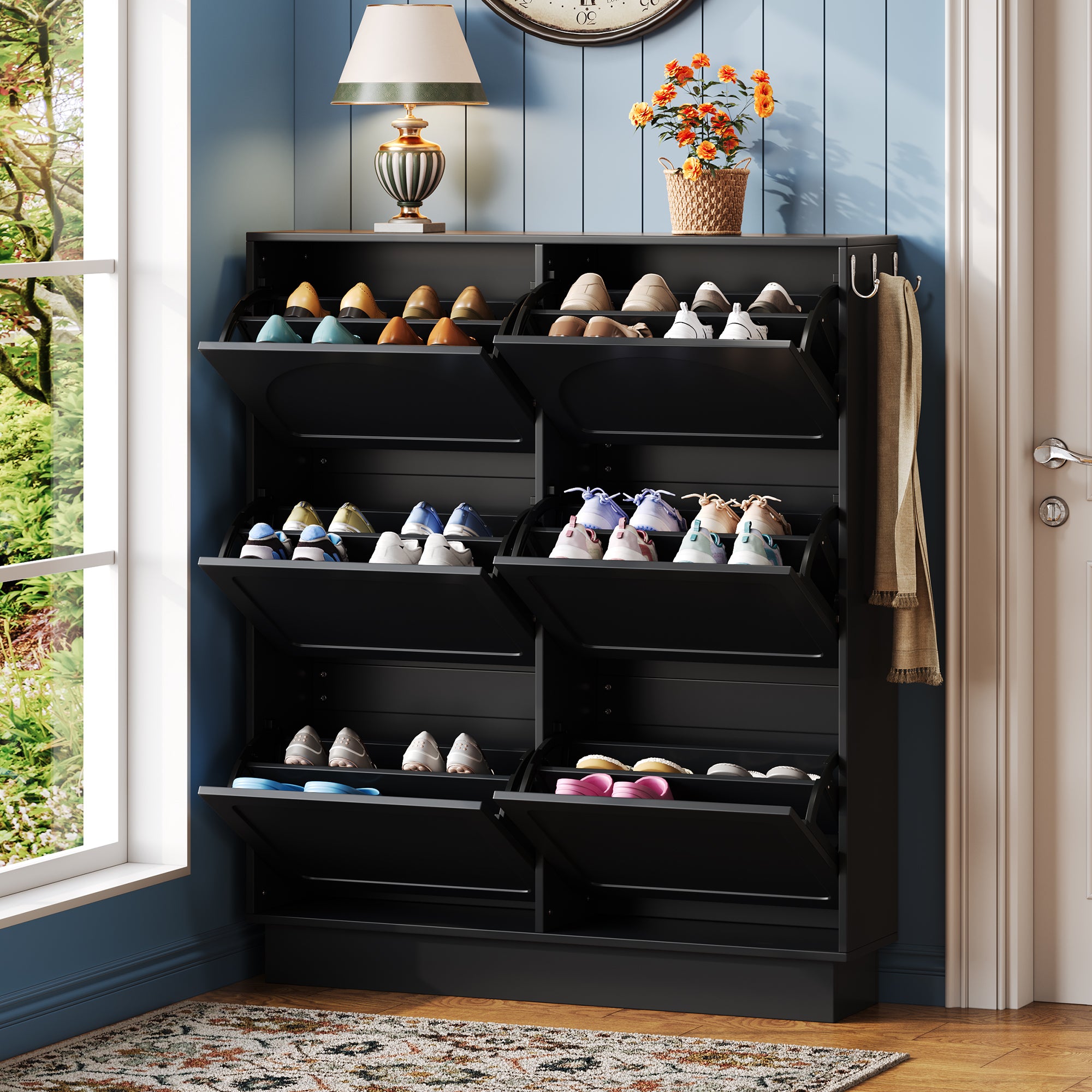 Modern Elegant Narrow Tipping Bucket Shoe Cabinet with 6 Flip Drawers, Space Saving Design, Cream Style Entryway Organizer with Adjustable Shelf, Free-Standing Shoe Rack with 3 Silvery Hooks, Black/White