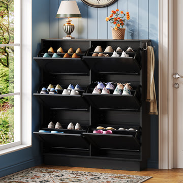 Modern Elegant Narrow Tipping Bucket Shoe Cabinet with 6 Flip Drawers, Space Saving Design, Cream Style Entryway Organizer with Adjustable Shelf, Free-Standing Shoe Rack with 3 Silvery Hooks, Black/White